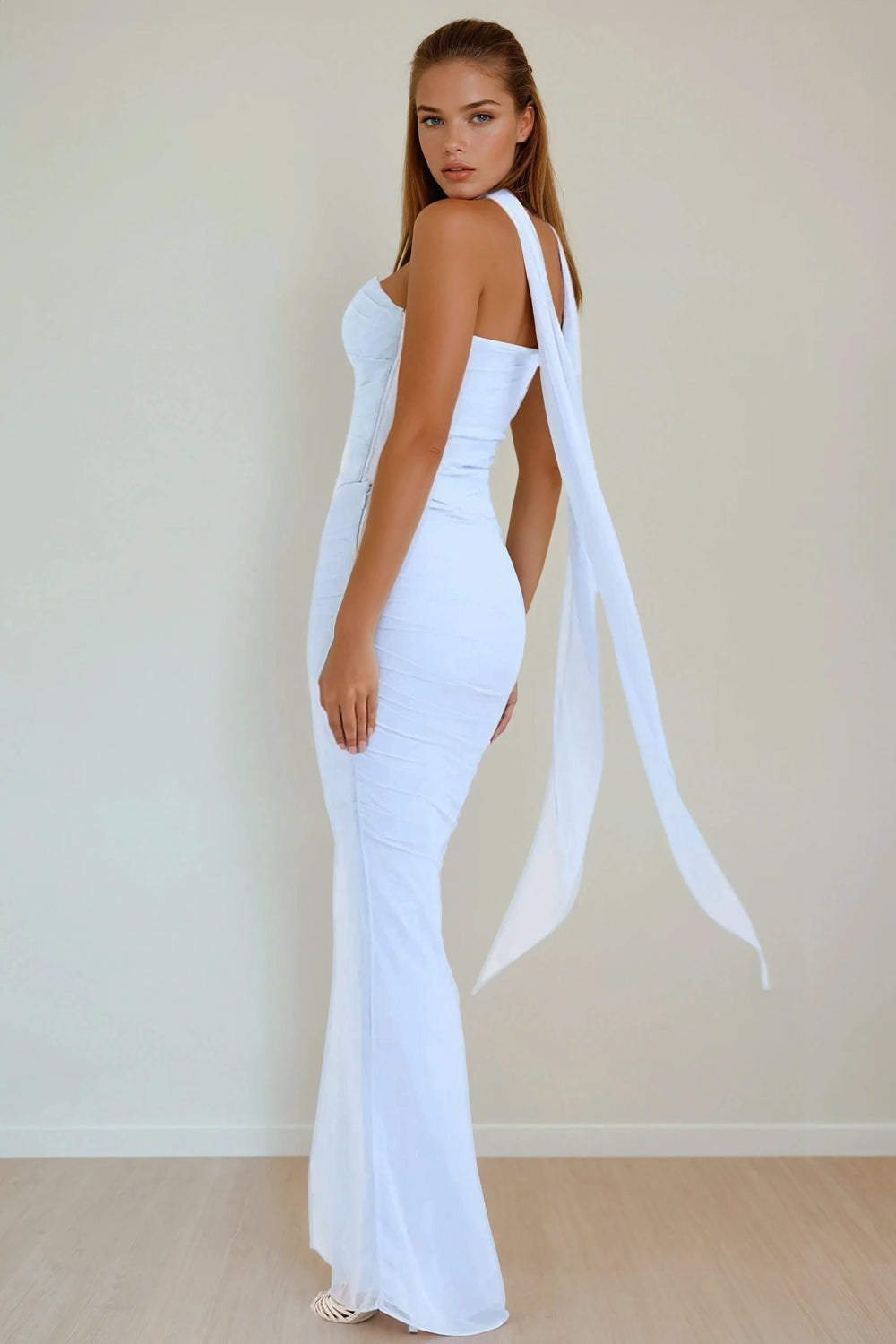 Two-Piece Set with Strapless Ruched Top and Flared Maxi Skirt - Light Blue