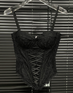 Lace Corset Top with Lace-Up Front Accent - Black