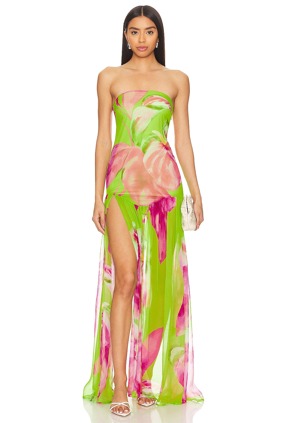 Strapless Maxi Dress with Floral Print - Green