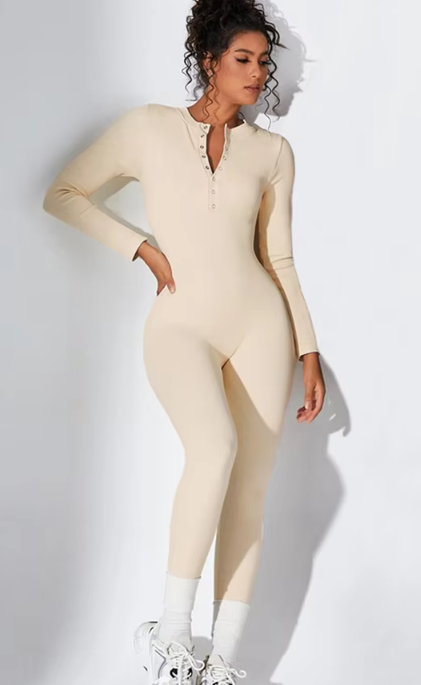Button-Up Long Sleeve Jumpsuit - Light Brown