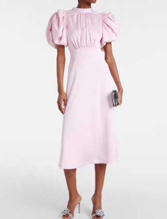 Midi Dress with Puff Sleeves and Back Tie - Pink