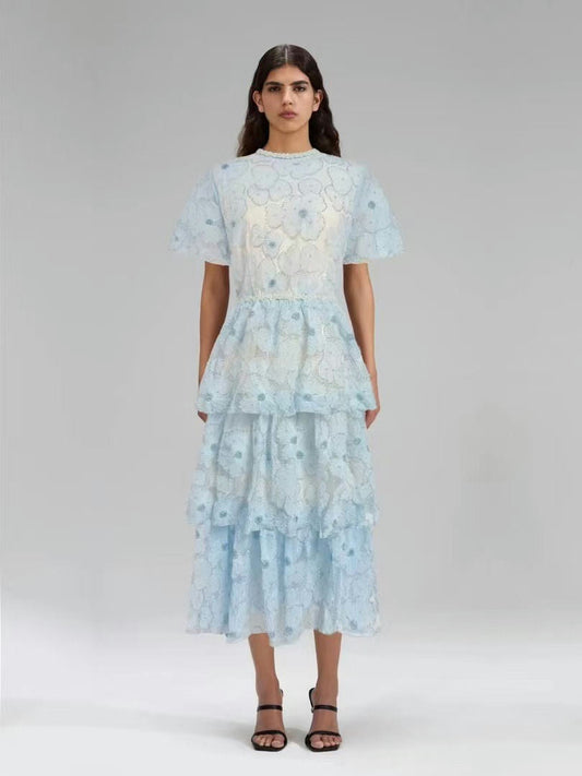 Maxi Dress with Short Sleeves and Layered Sheer Skirt - Blue