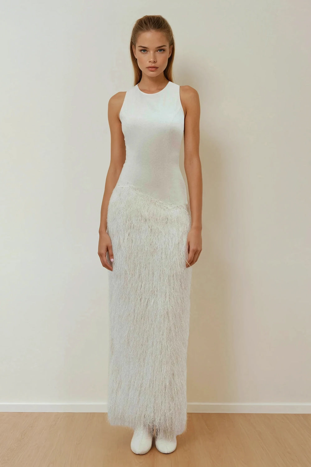 Sleeveless Maxi Dress with Textured Skirt Panel - White