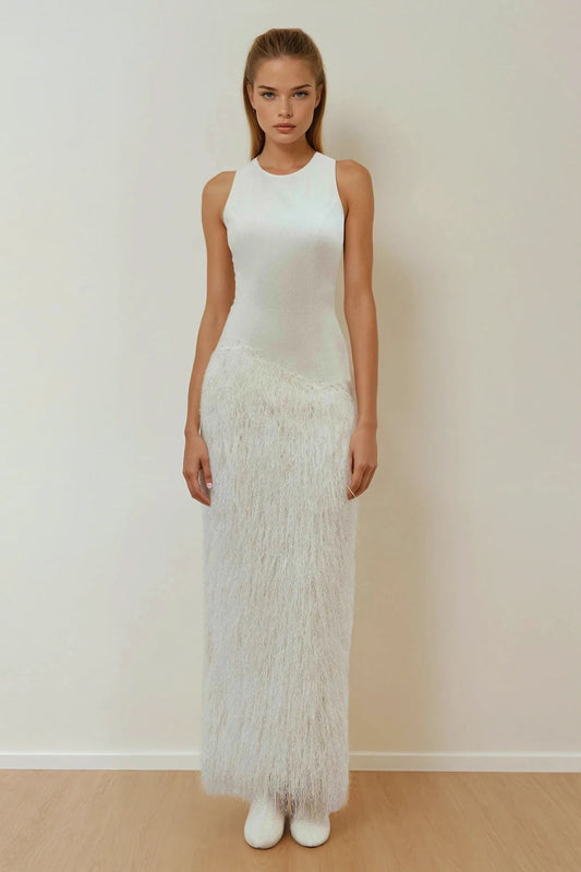 Sleeveless Maxi Dress with Textured Skirt Panel - White