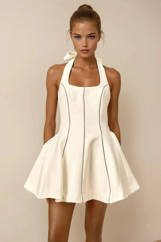 Halter Mini Dress with Flared Hem - White