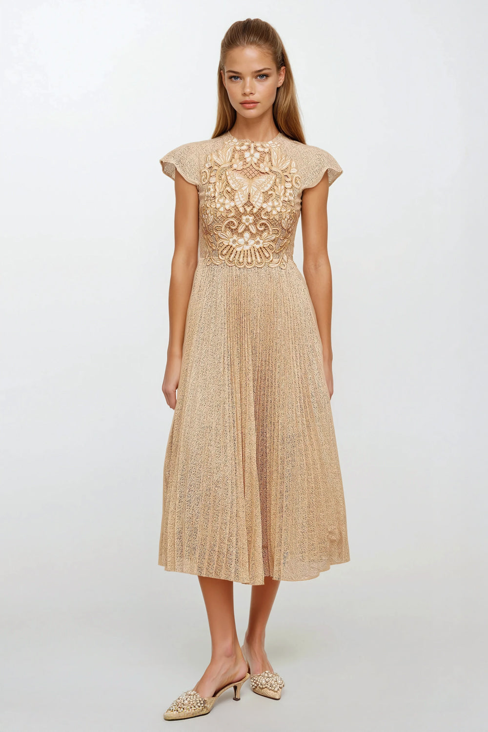 Embroidered Sheer Pleated Maxi Dress - Apricot