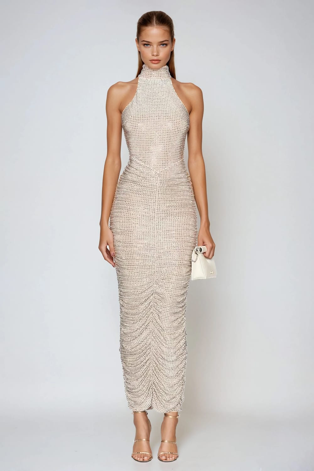 Rhinestone Halter Neck Open Back Midi Dress - Apricot