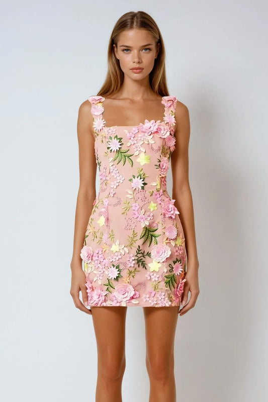 Mini Dress with 3D Floral Embellishments - Pink