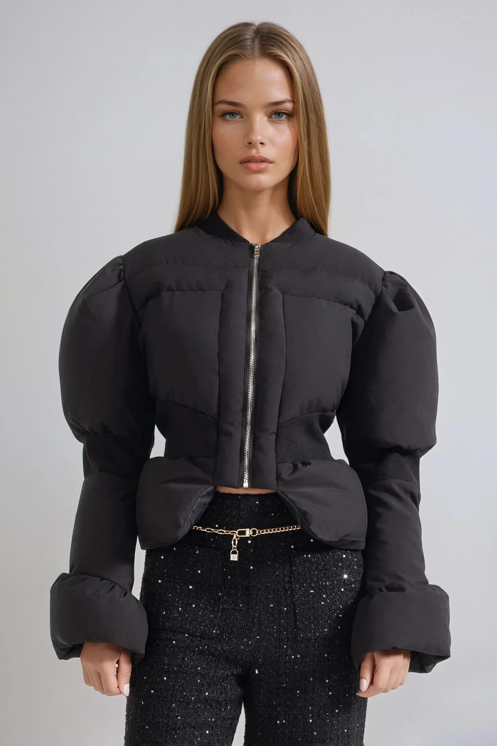 Puffer Style Cropped Coat with Puff Sleeves - Black