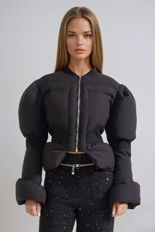 Puffer Style Cropped Coat with Puff Sleeves - Black