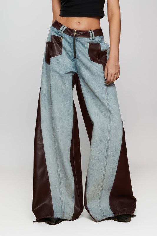 Wide-Leg Denim Jeans with Leather Panels - Brown