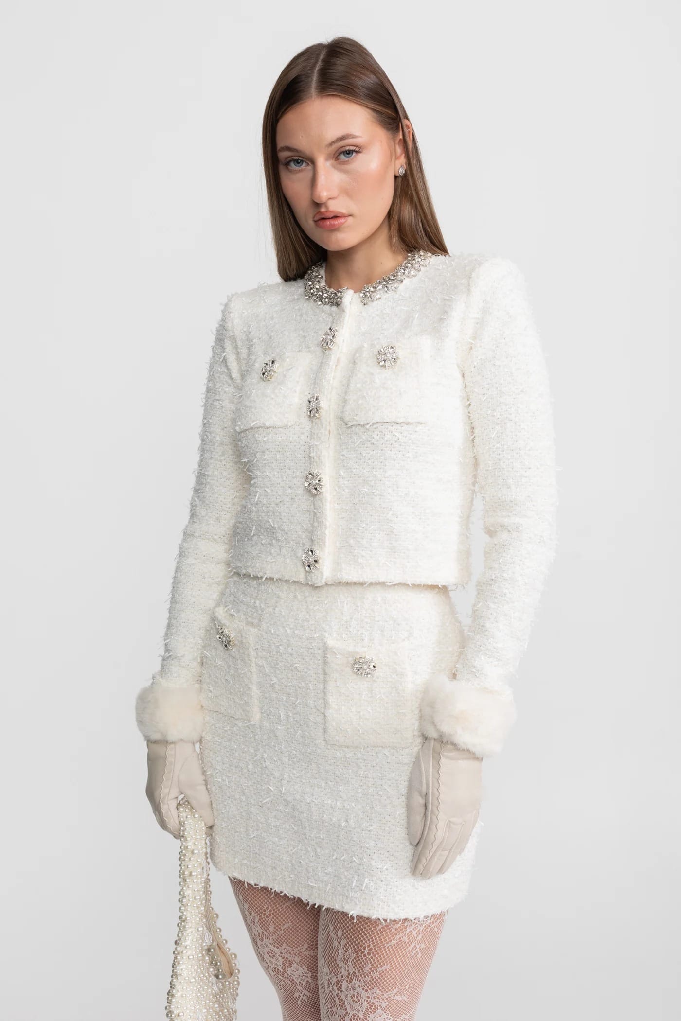 Two-Piece Set with Embellished Button Jacket and Mini Skirt - White