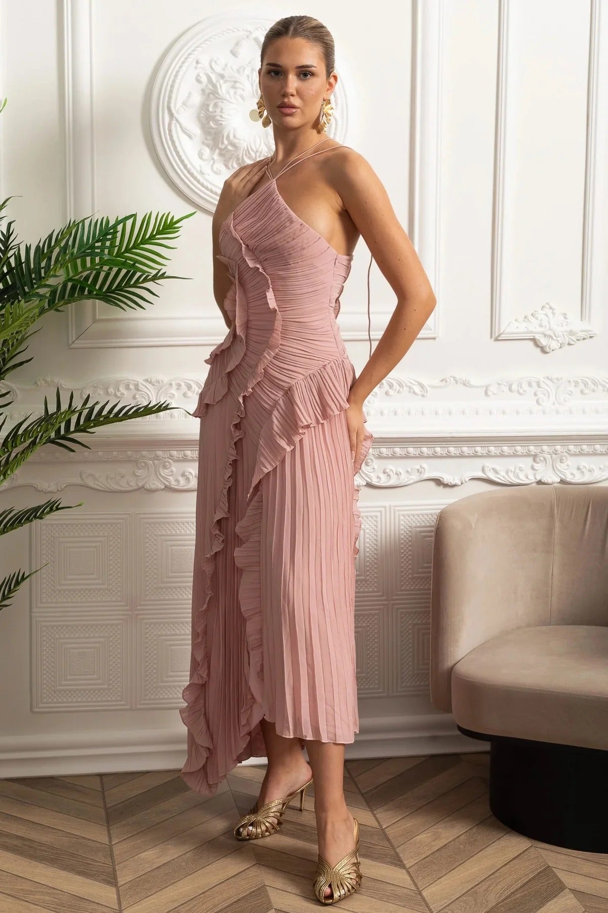 Pleated Maxi Dress With Asymmetric Ruffles and Crisscross Straps - Pink