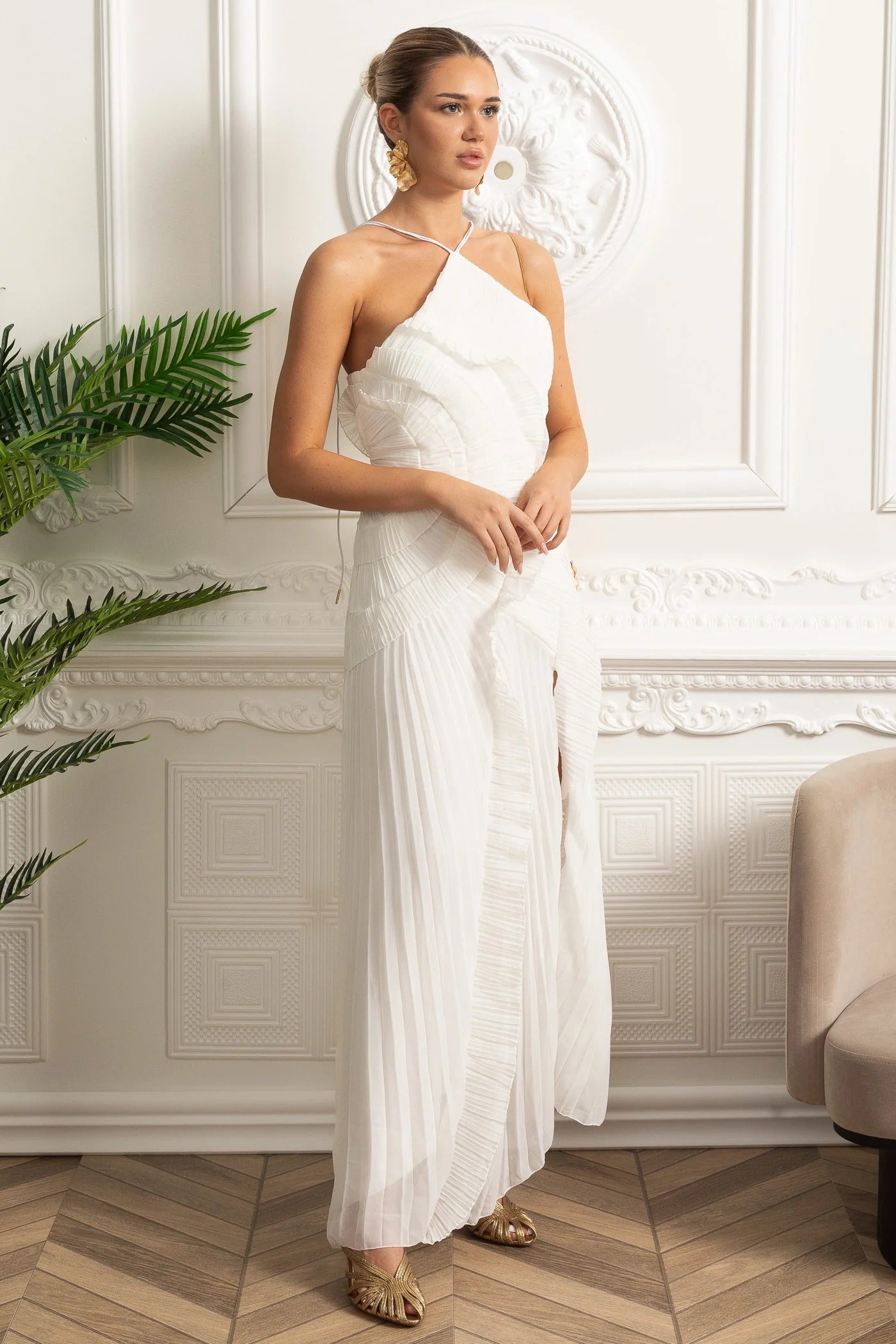 Pleated Maxi Dress With Asymmetric Ruffles and Crisscross Straps - White