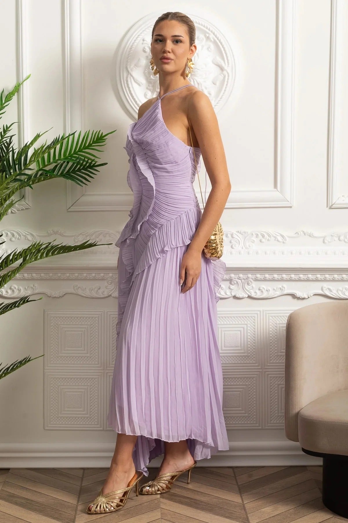 Pleated Maxi Dress With Asymmetric Ruffles and Crisscross Straps - Purple