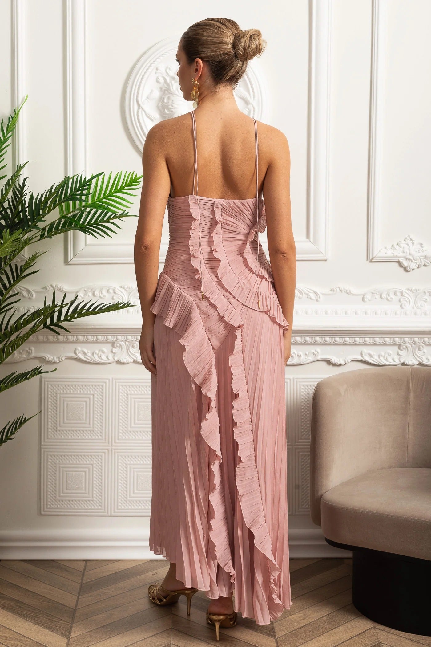 Pleated Maxi Dress With Asymmetric Ruffles and Crisscross Straps - Pink