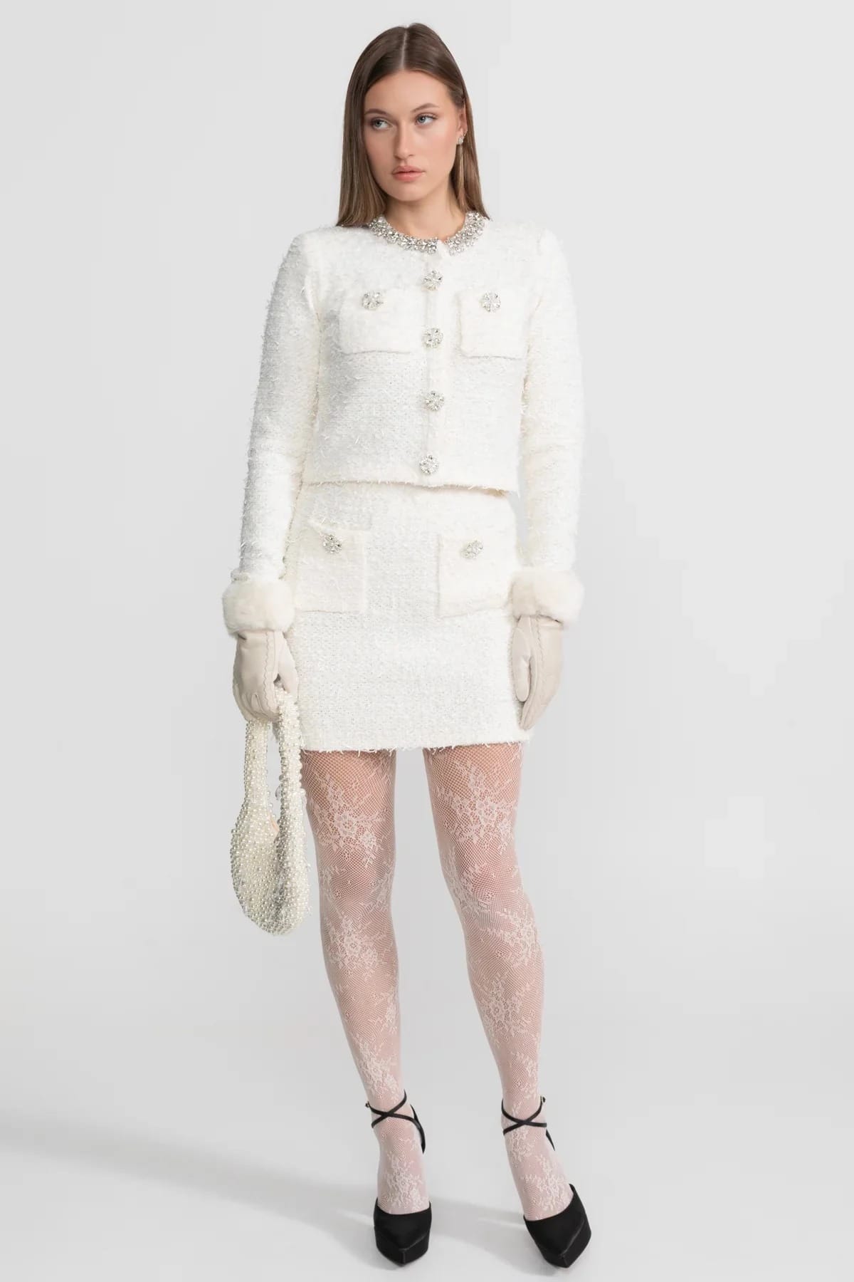 Two-Piece Set with Embellished Button Jacket and Mini Skirt - White