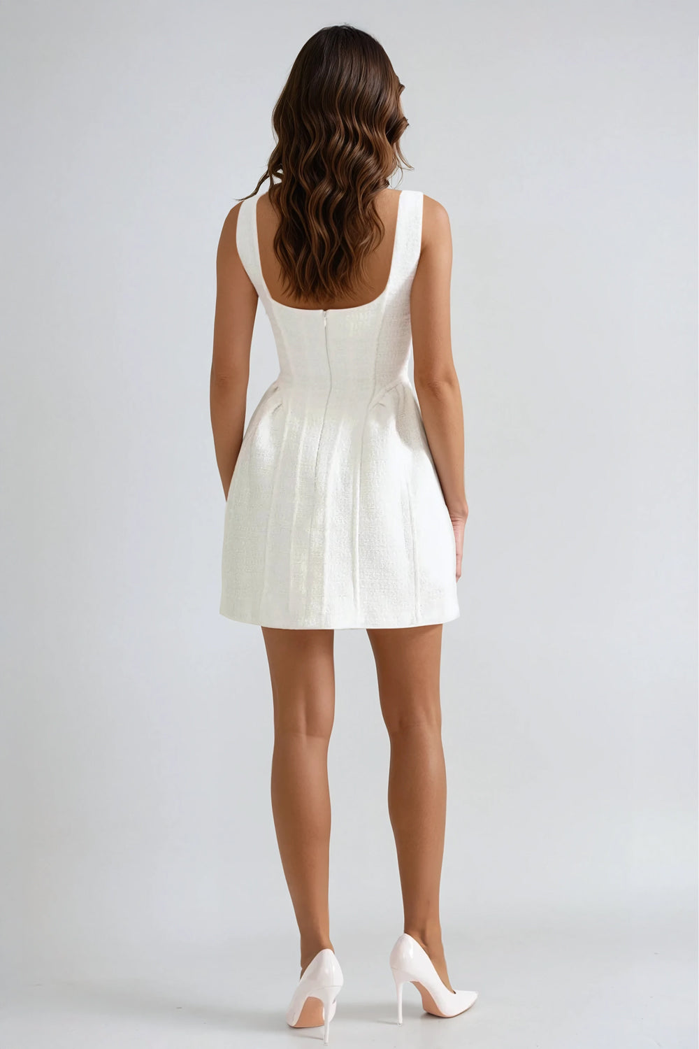 Mini Dress with Square Neckline and Button Detail - White