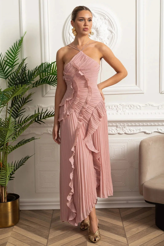 Pleated Maxi Dress With Asymmetric Ruffles and Crisscross Straps - Pink