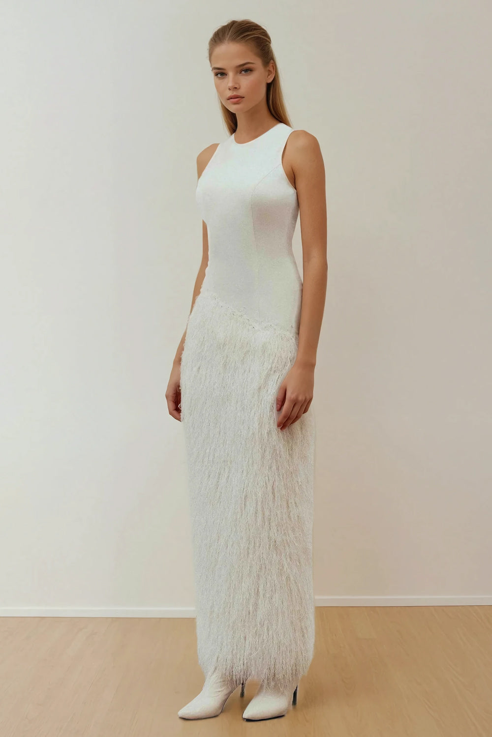 Sleeveless Maxi Dress with Textured Skirt Panel - White