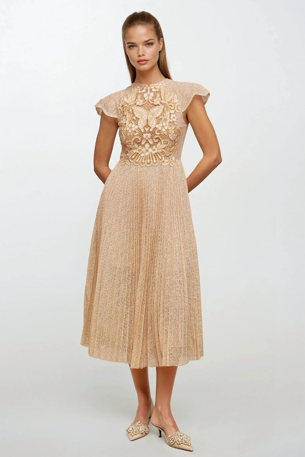 Embroidered Sheer Pleated Maxi Dress - Apricot