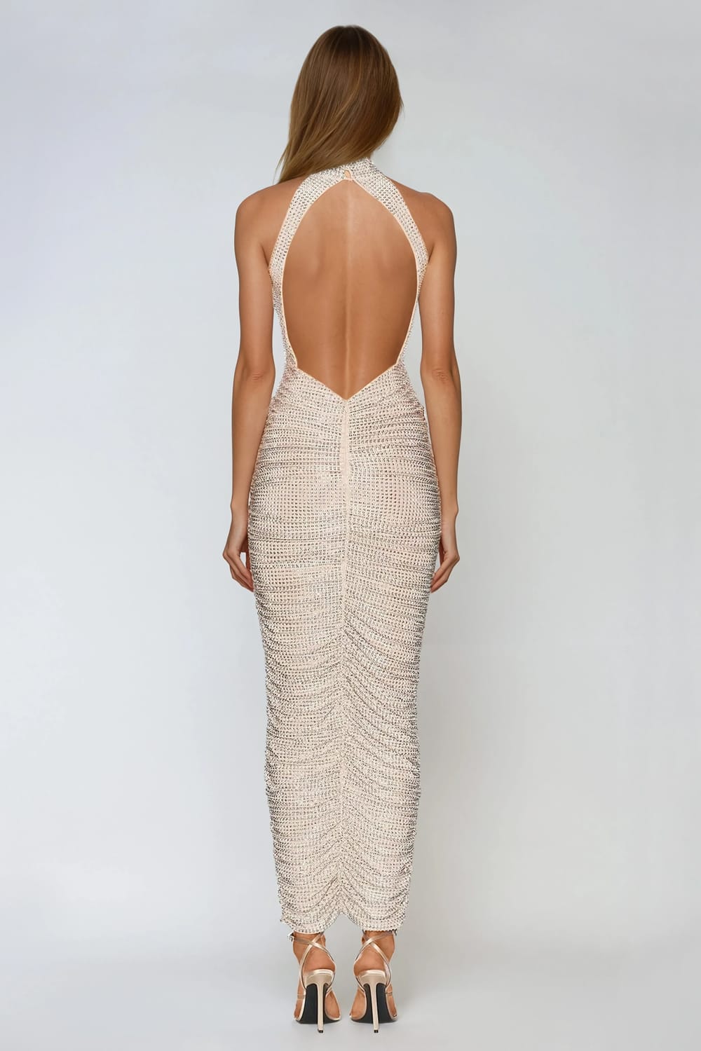 Rhinestone Halter Neck Open Back Midi Dress - Apricot