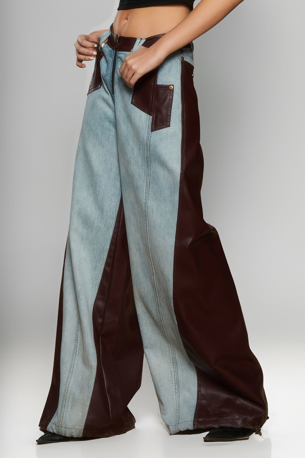 Wide-Leg Denim Jeans with Leather Panels - Brown