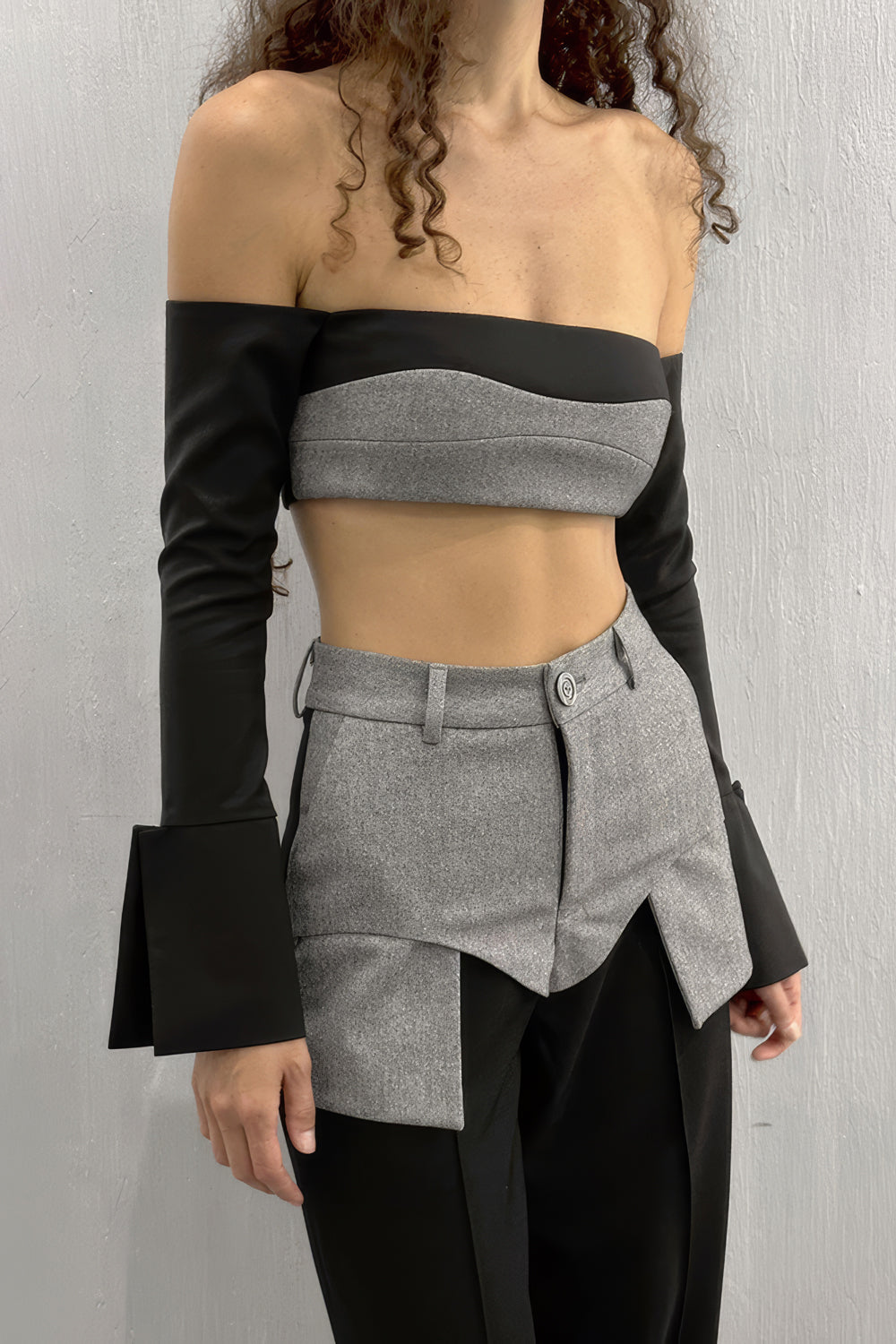 Two-Piece Set with Off-Shoulder Top and Tailored Wide-Leg Trousers