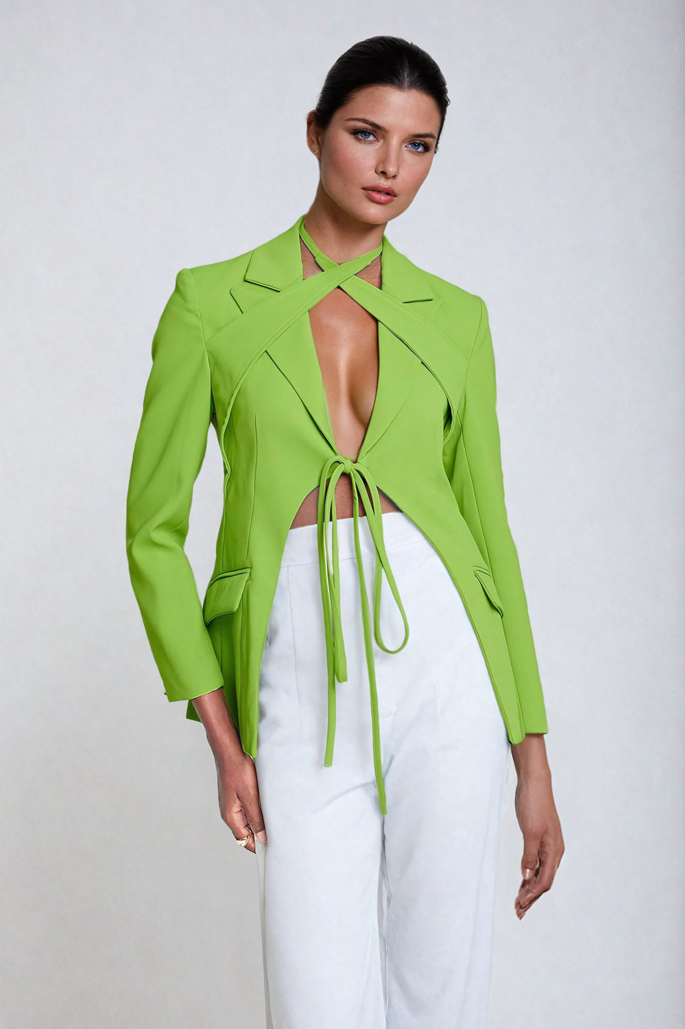 Tie-Front Blazer with Lapel Collar - Green