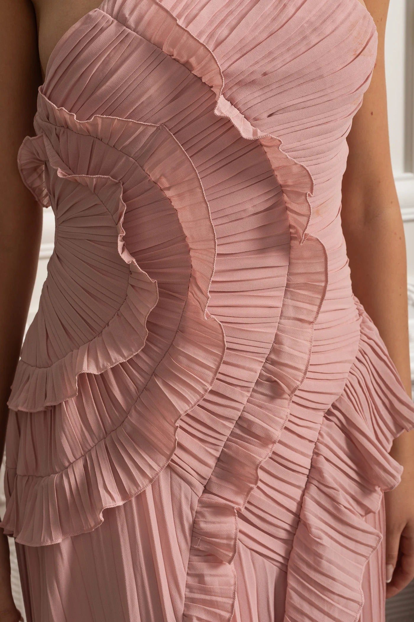 Pleated Maxi Dress With Asymmetric Ruffles and Crisscross Straps - Pink