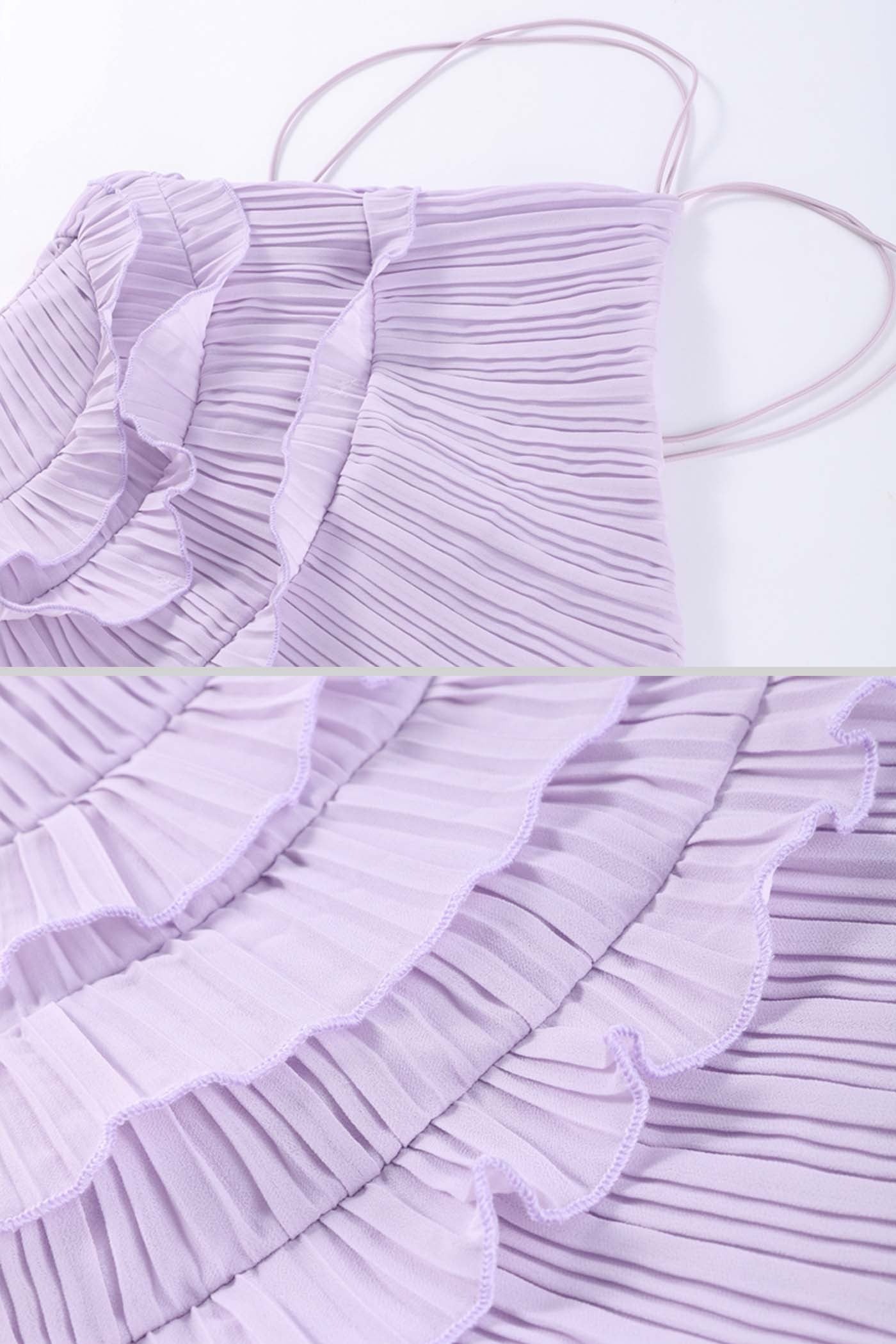 Pleated Maxi Dress With Asymmetric Ruffles and Crisscross Straps - Purple