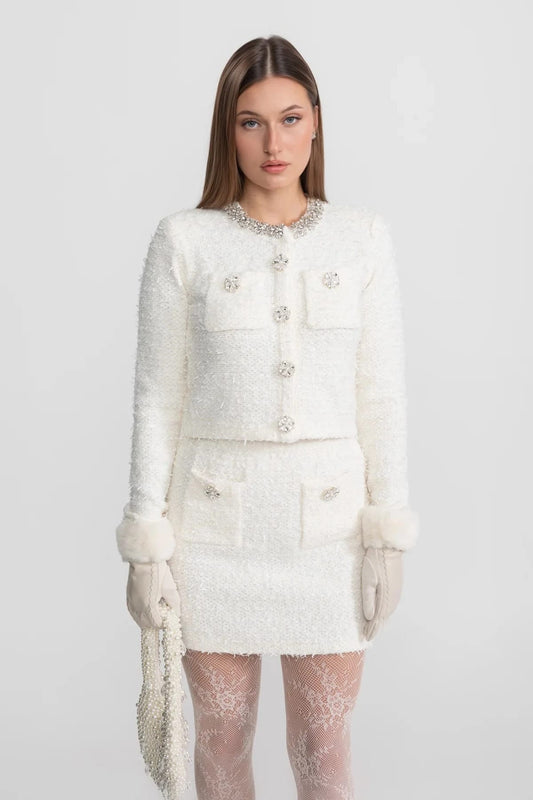 Two-Piece Set with Embellished Button Jacket and Mini Skirt - White