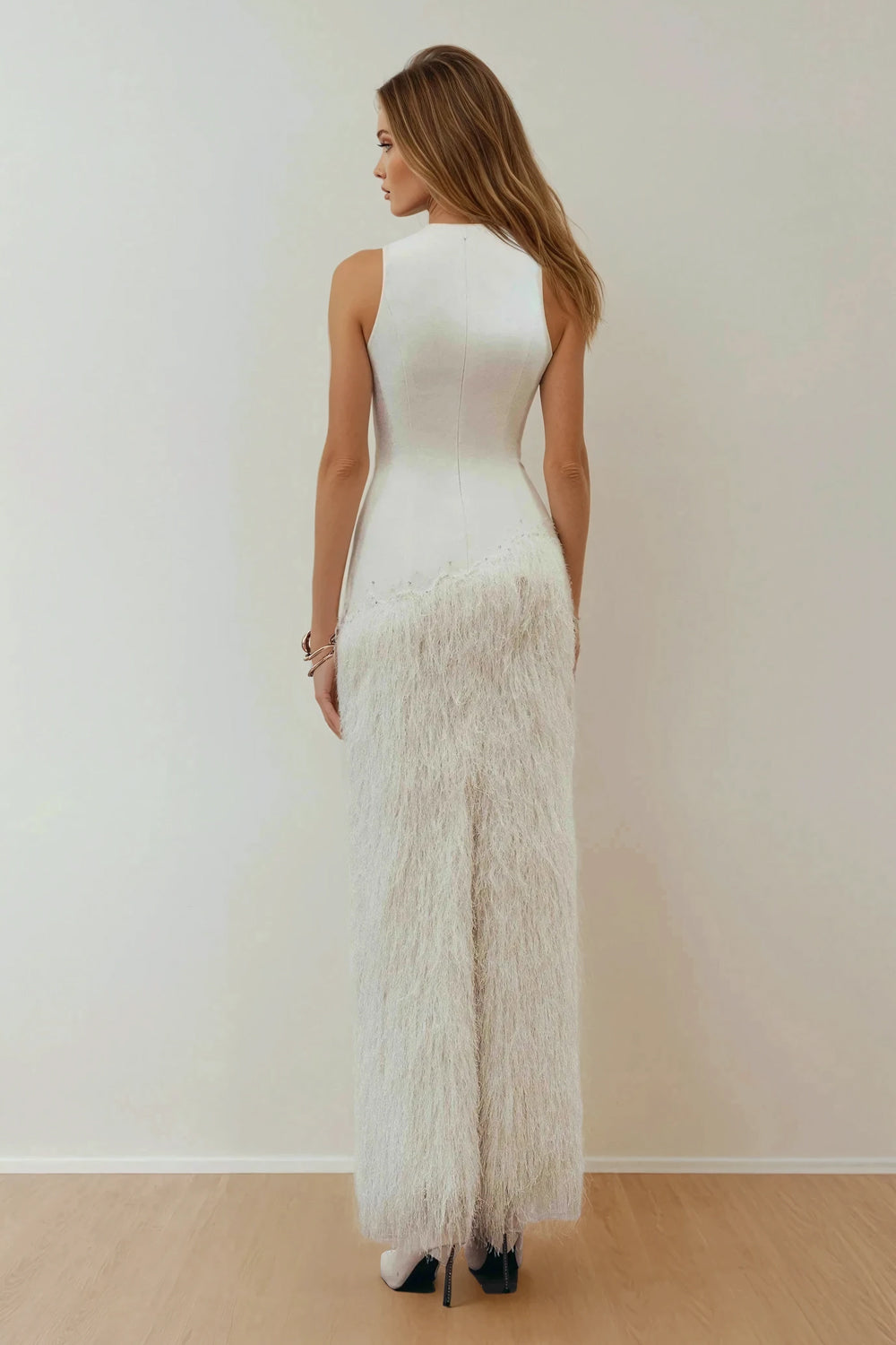 Sleeveless Maxi Dress with Textured Skirt Panel - White