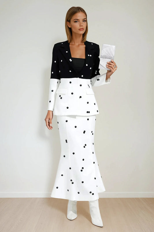 Two-Piece Set with Fitted Blazer and Long Skirt - White