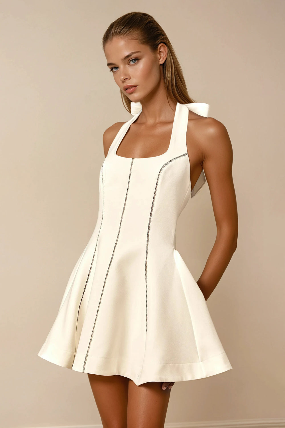 Halter Mini Dress with Flared Hem - White