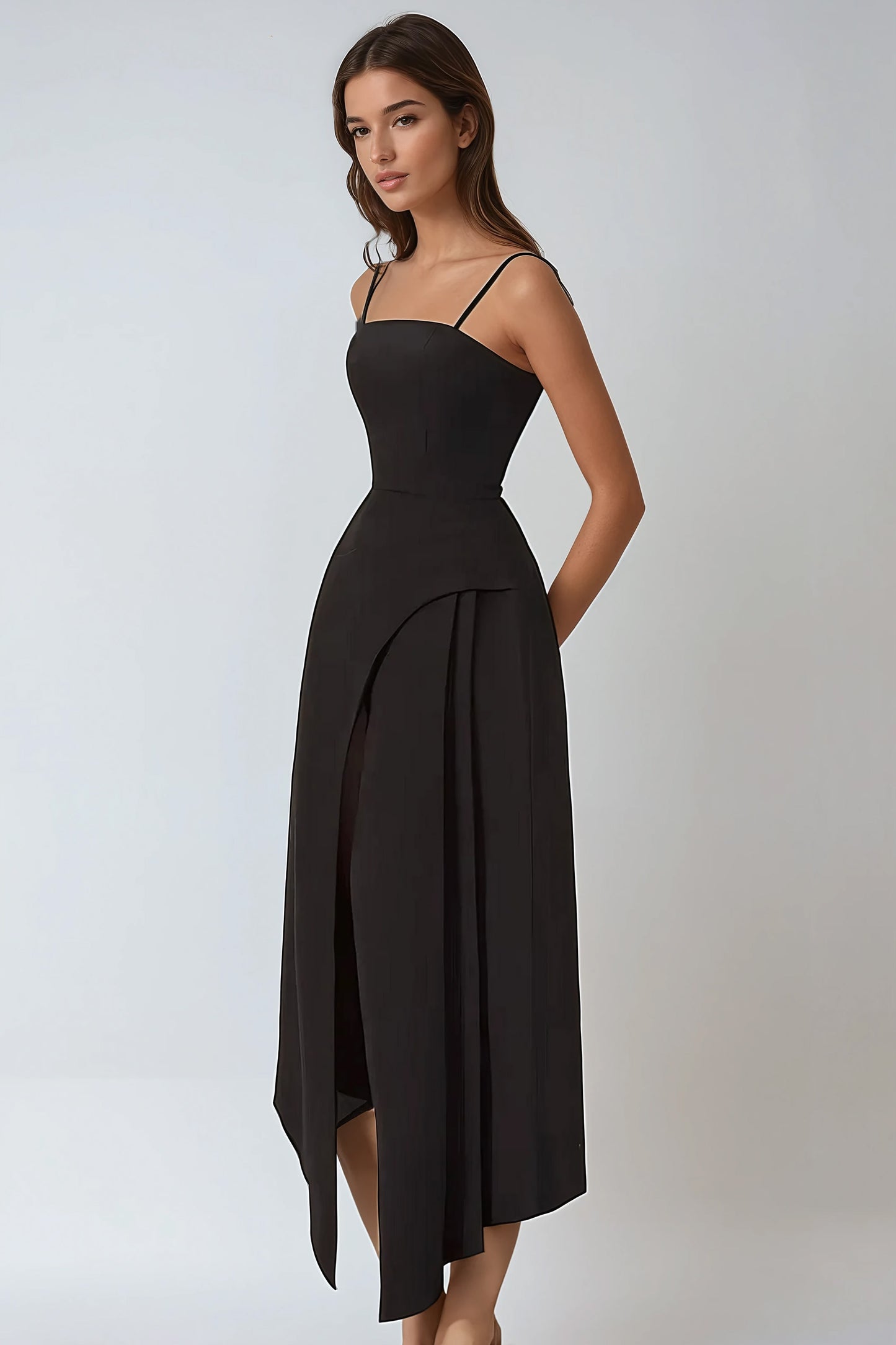 Draped Midi Dress with Cape Accent - Black