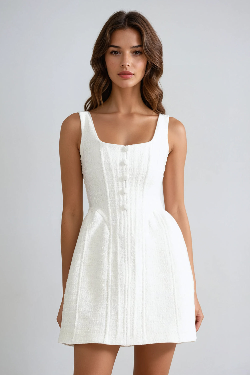 Mini Dress with Square Neckline and Button Detail - White