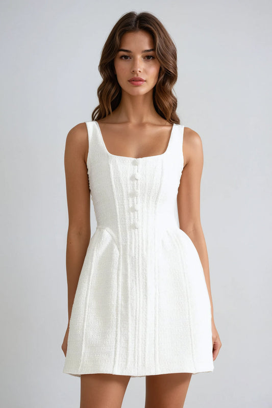 Mini Dress with Square Neckline and Button Detail - White