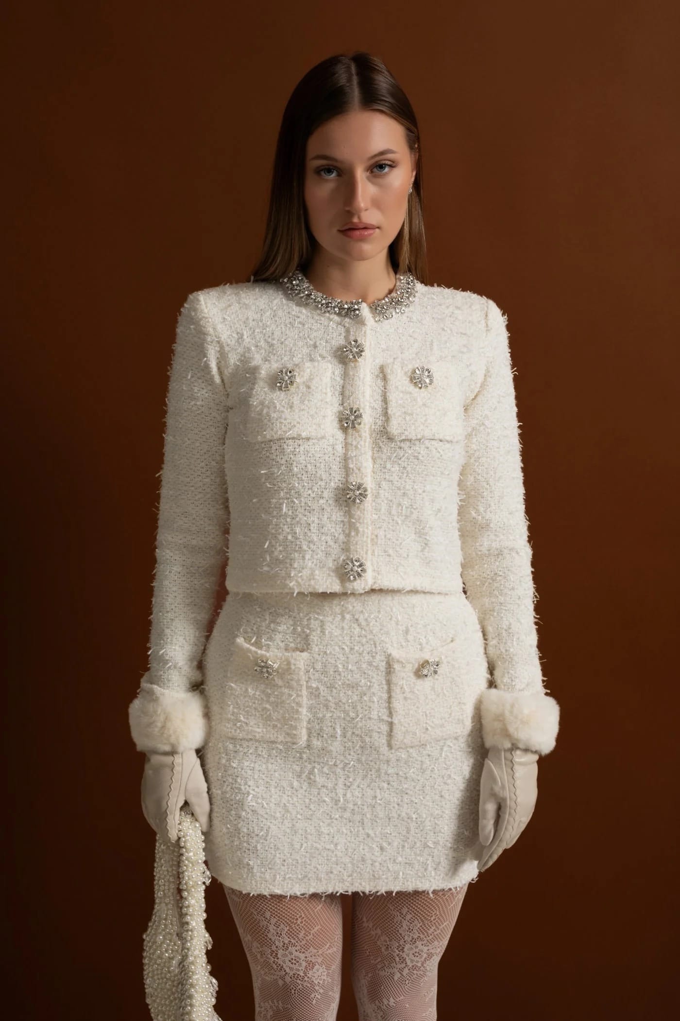 Two-Piece Set with Embellished Button Jacket and Mini Skirt - White