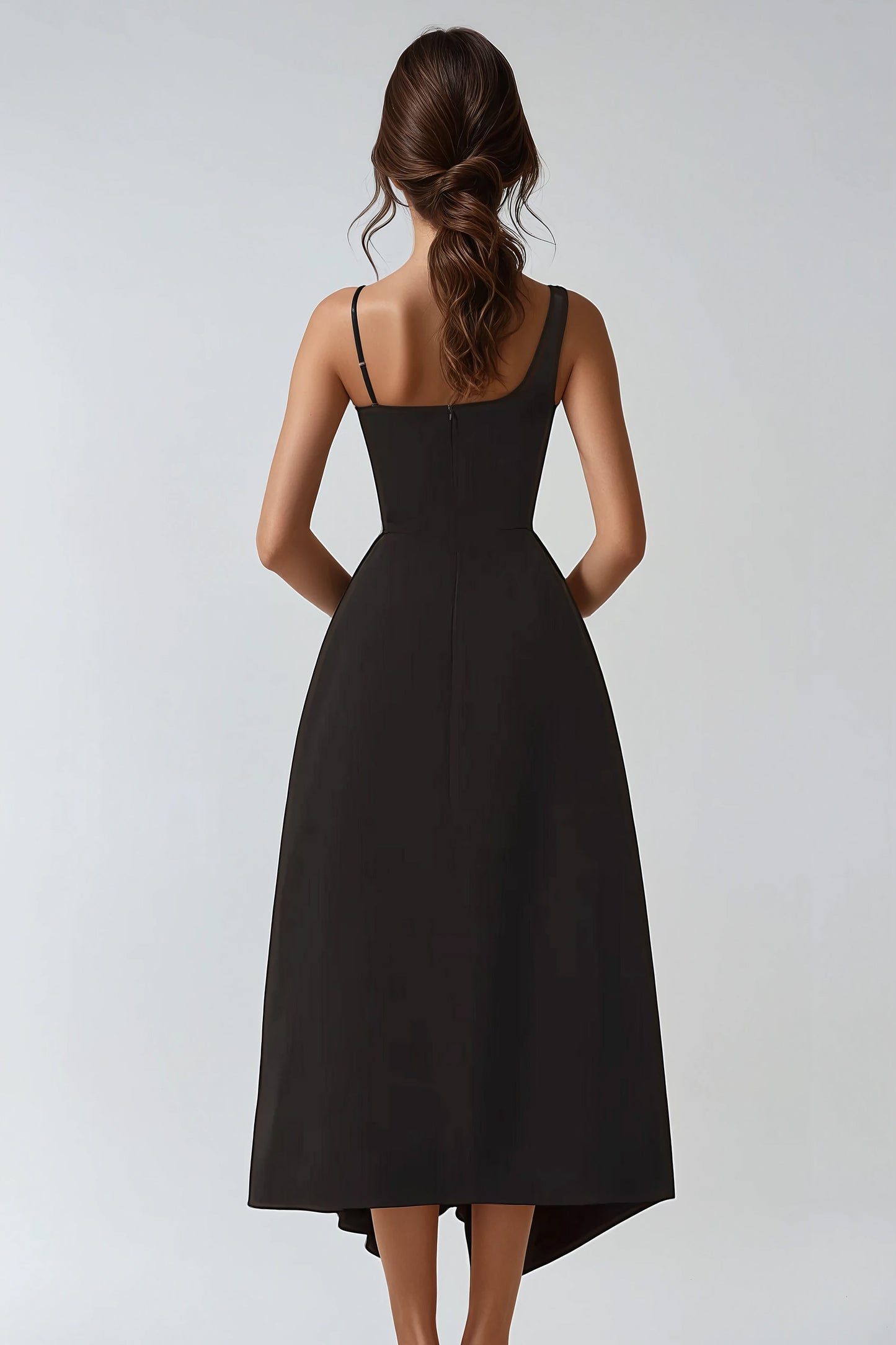 Draped Midi Dress with Cape Accent - Black