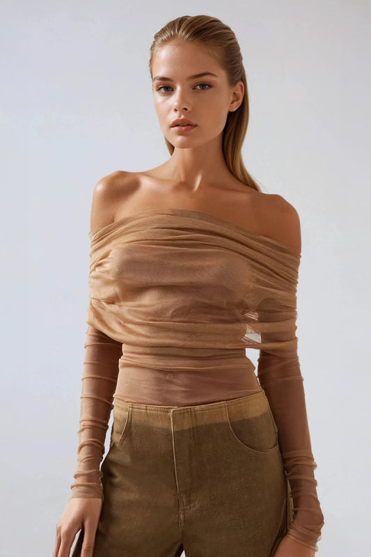 Long Sleeve Mesh Ruched Off-Shoulder Top - Beige