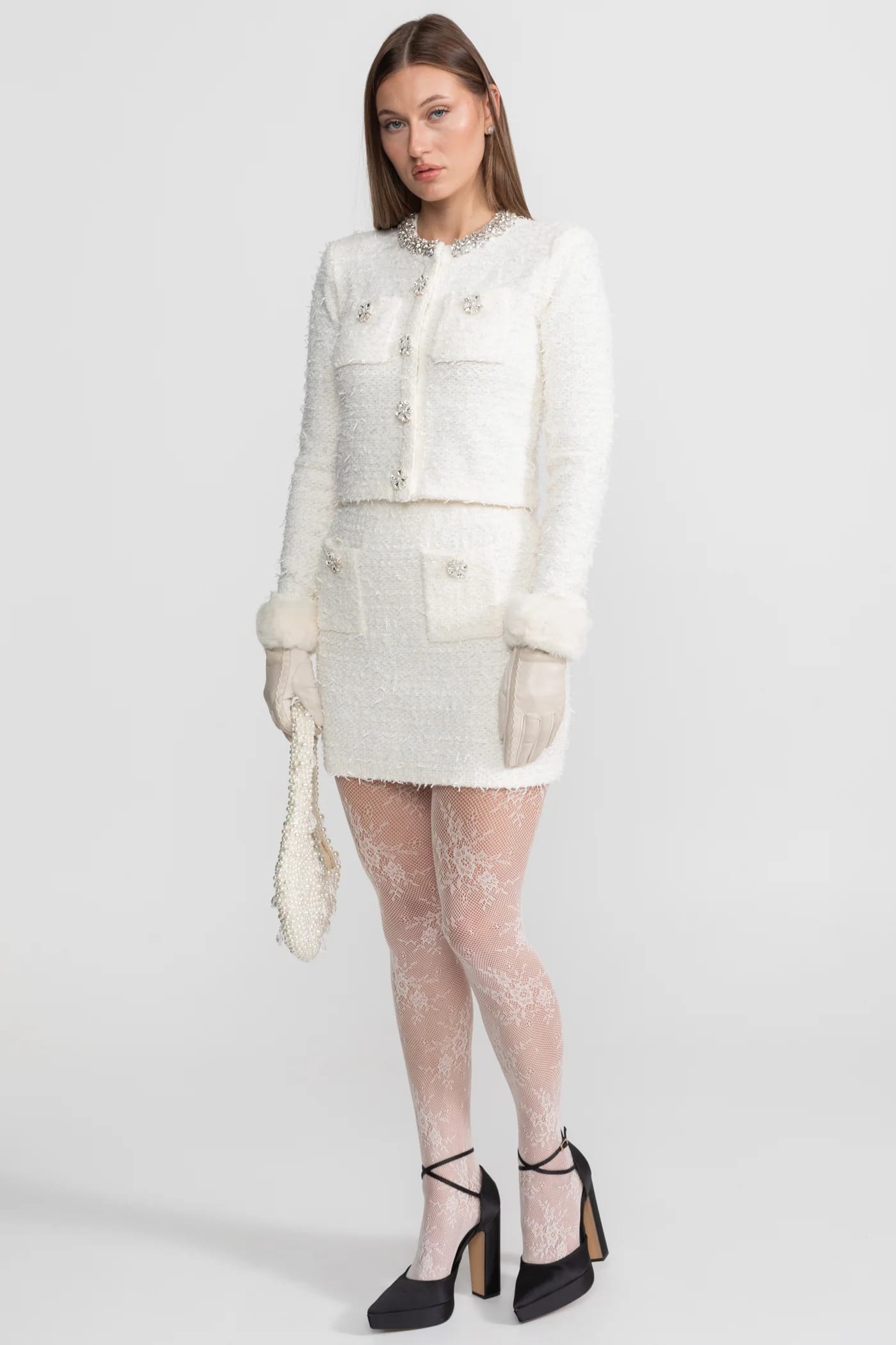 Two-Piece Set with Embellished Button Jacket and Mini Skirt - White