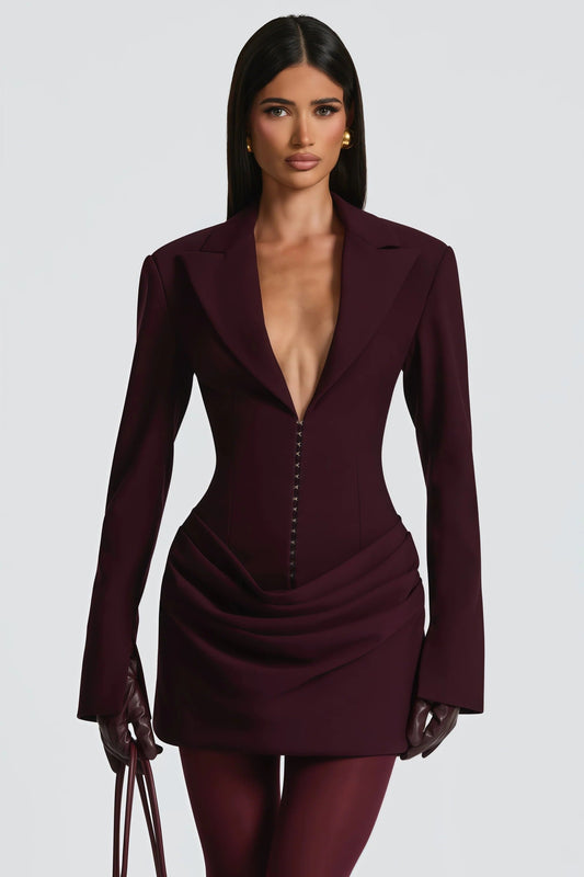 Deep V-Neckline Blazer Style Mini Dress - Maroon