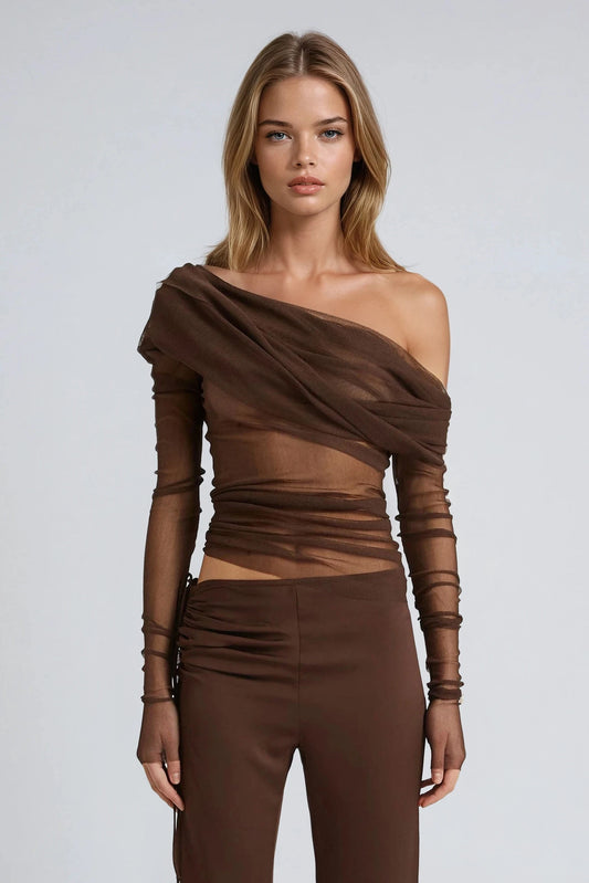 Long Sleeve Mesh Ruched Off-Shoulder Top - Brown