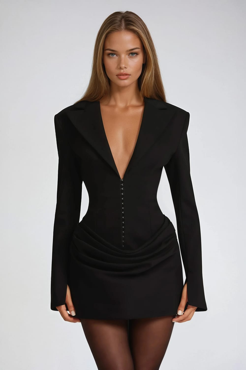 Deep V-Neckline Blazer Style Mini Dress - Black