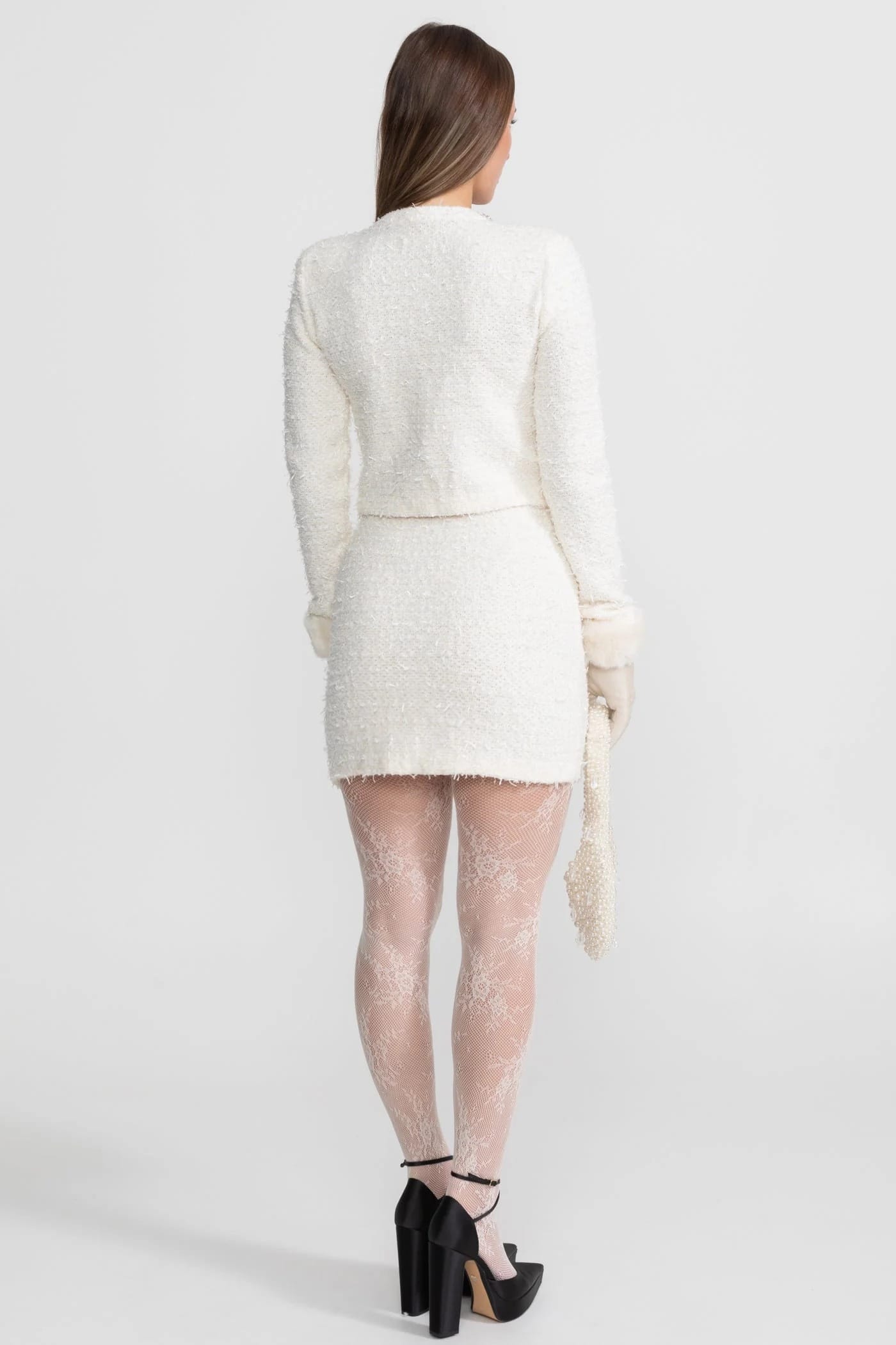 Two-Piece Set with Embellished Button Jacket and Mini Skirt - White