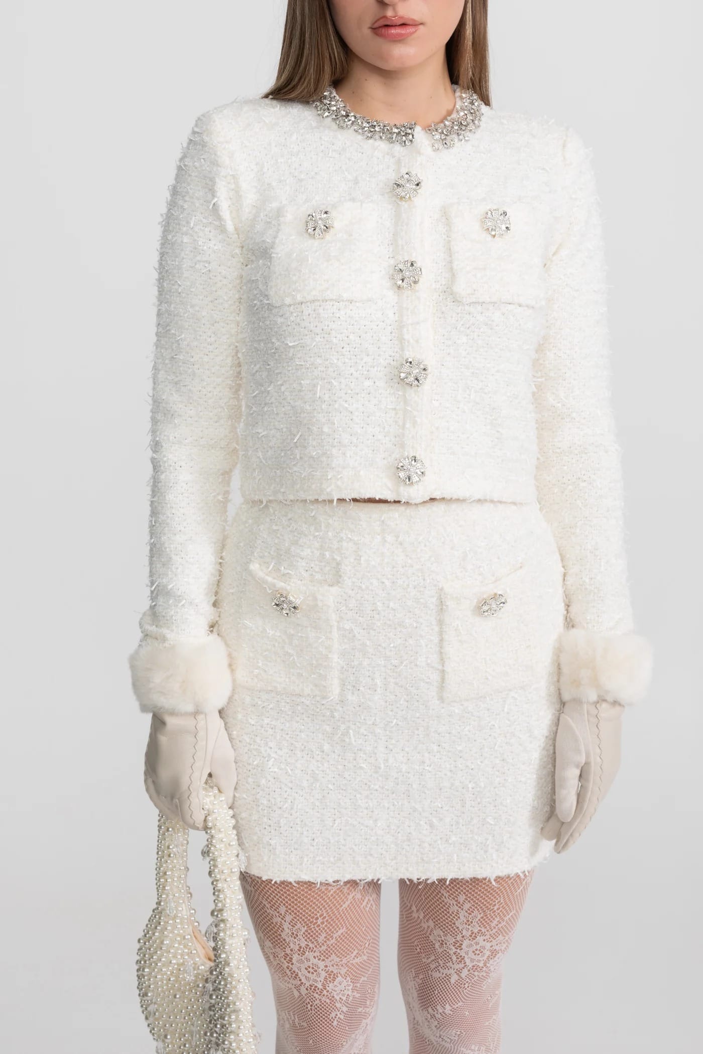Two-Piece Set with Embellished Button Jacket and Mini Skirt - White
