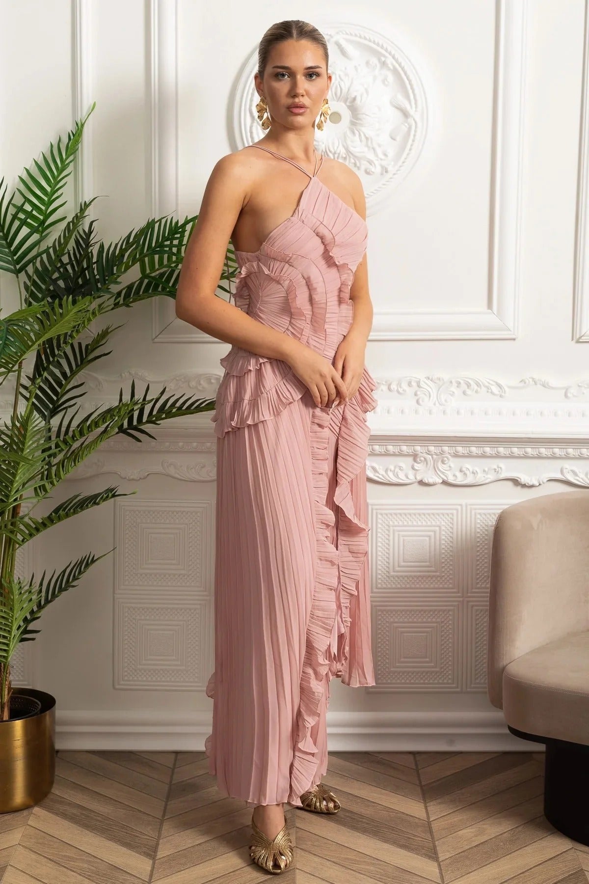 Pleated Maxi Dress With Asymmetric Ruffles and Crisscross Straps - Pink