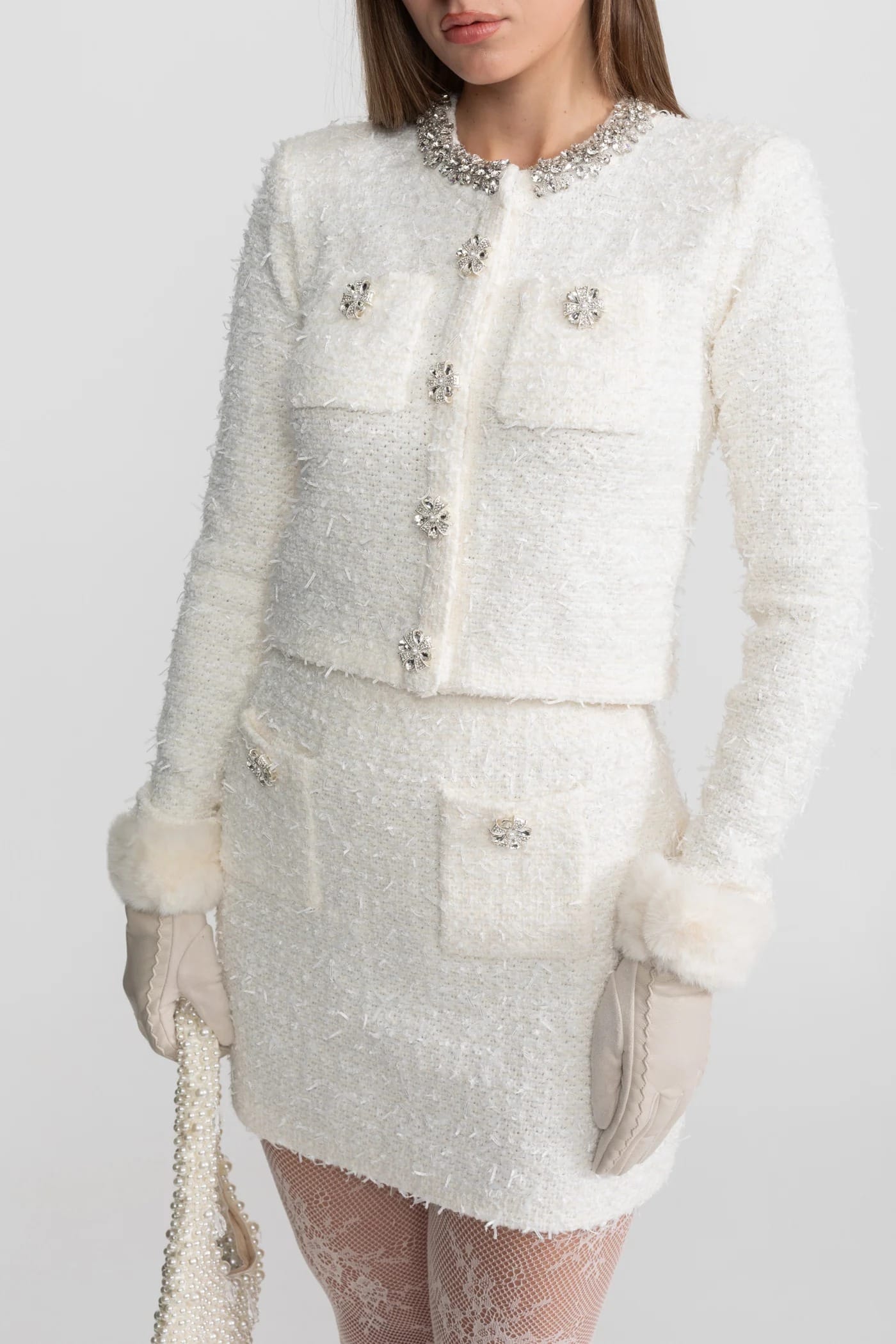 Two-Piece Set with Embellished Button Jacket and Mini Skirt - White