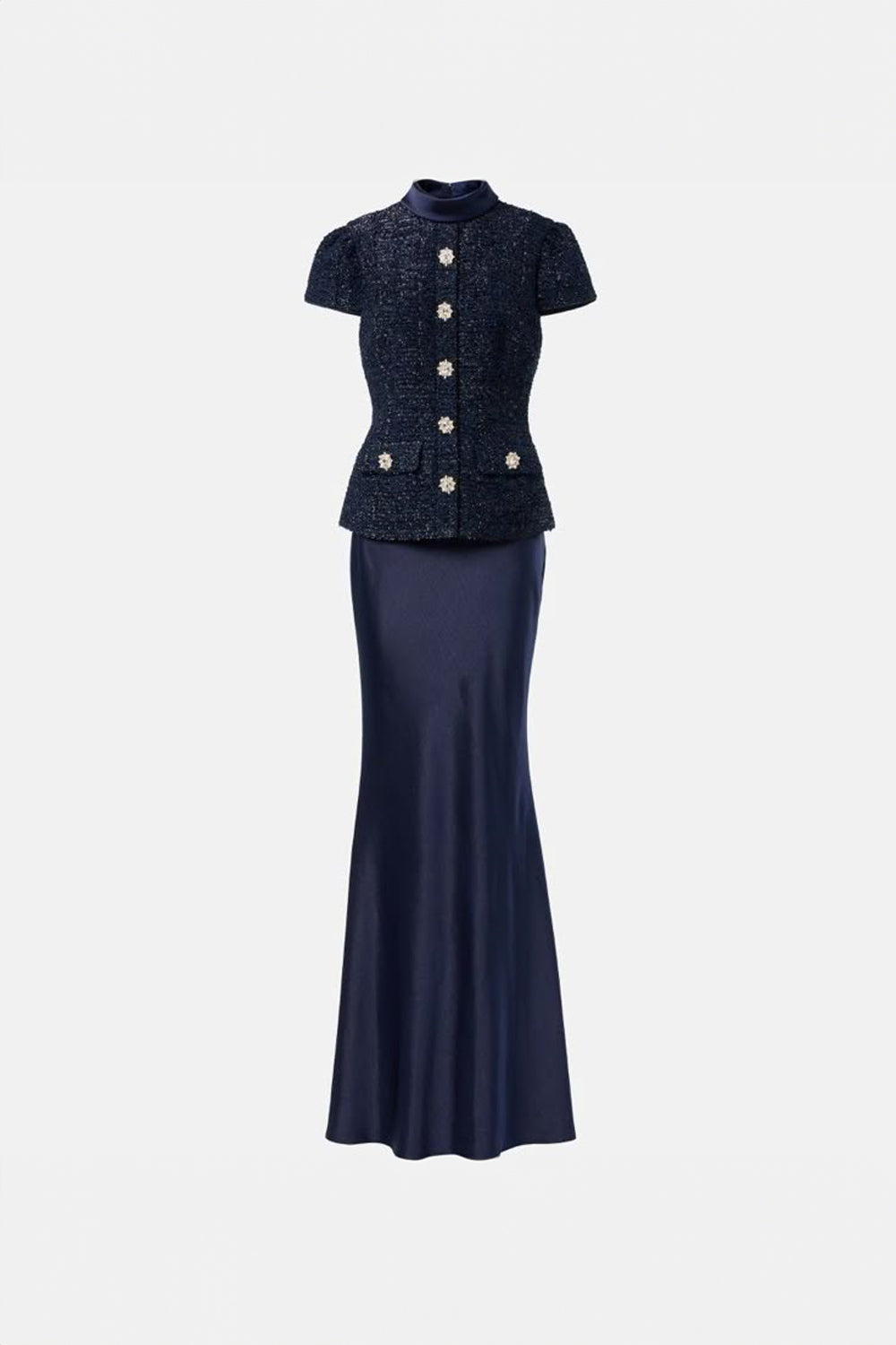 Maxi Dress with Textured Top and Flared Skirt - Navy Blue